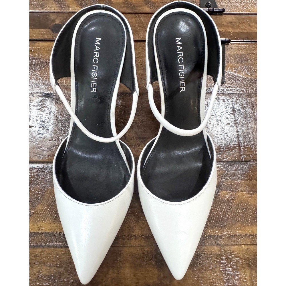 Marc Fisher Pumps Size 7M Black White Pointed Toe Slingback Asymmetric Heel